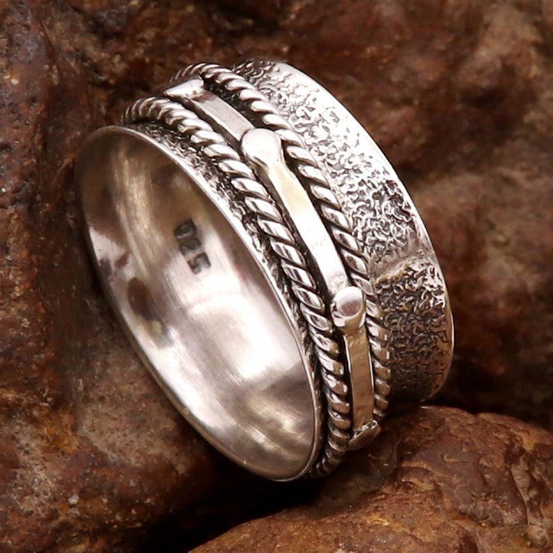 925 Sterling Silver Ring, Designer Band Spinner Ring, Handmade Two Tone Ring, Meditation Ring, For Her, Silver Anxiety Ring, Bridesmaid Ring