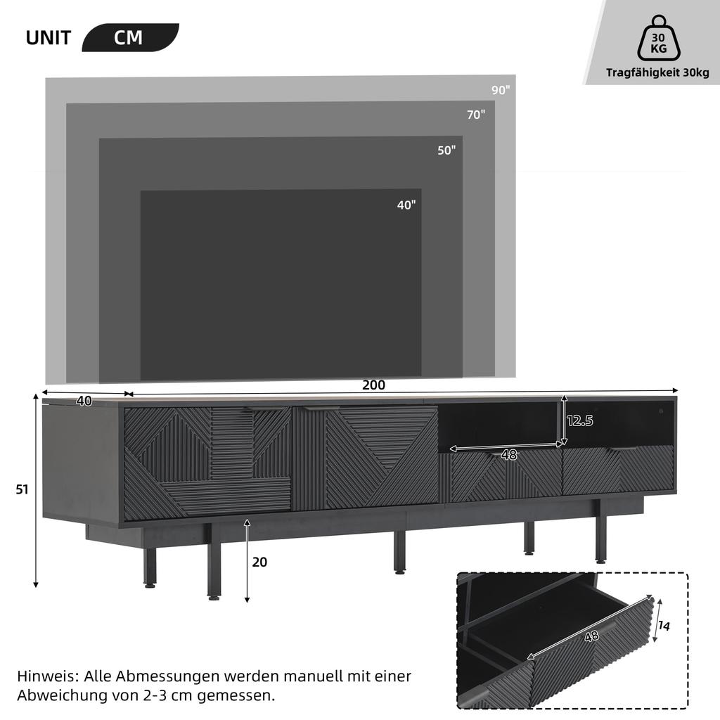 TV Schrank, 2 Fächern 2 Schublade Offenes Fach, Modern Lowboard 90 Zoll TV, böhmischer TV Board Sideboard Wohnzimmer & Esszimmer, Schwarz
