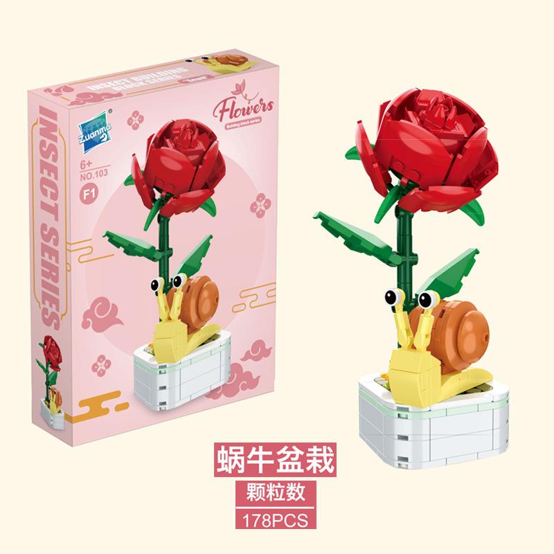 

Children S Educational Assembly Of Small Particles 24 Building Block Flowers, Marine Insects Potted Plants Theme Building Block Flowers Building Block