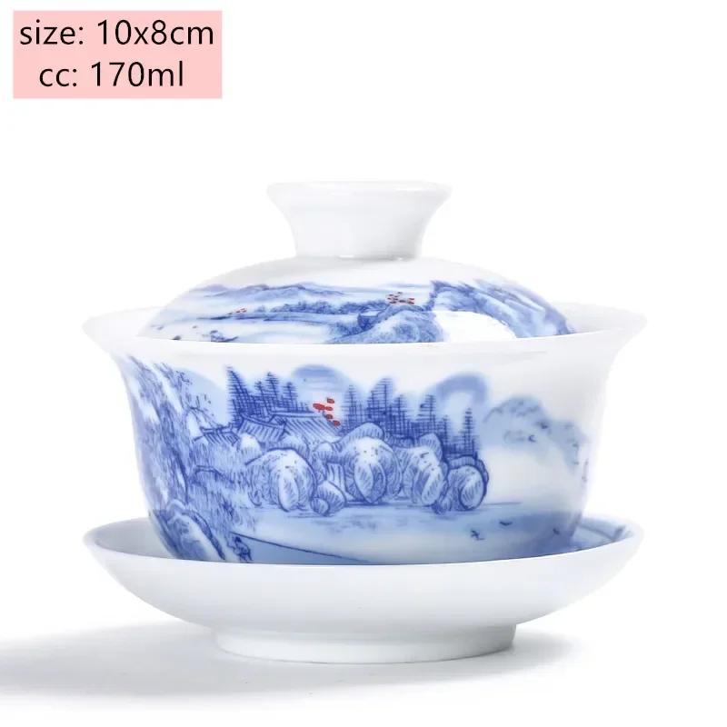 Jingdezhen White Porcelain Gaiwan Tea Cup Blue and White Porcelain Tea Maker Ceramic Handpainted Tea Bowl Tea Set Supplies