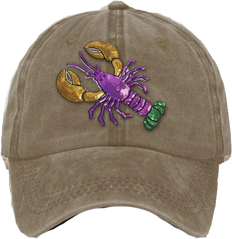 Mardi Gras Crawfish Print Distressed Baseball Cap Unisex Casual Cotton Washed Hat