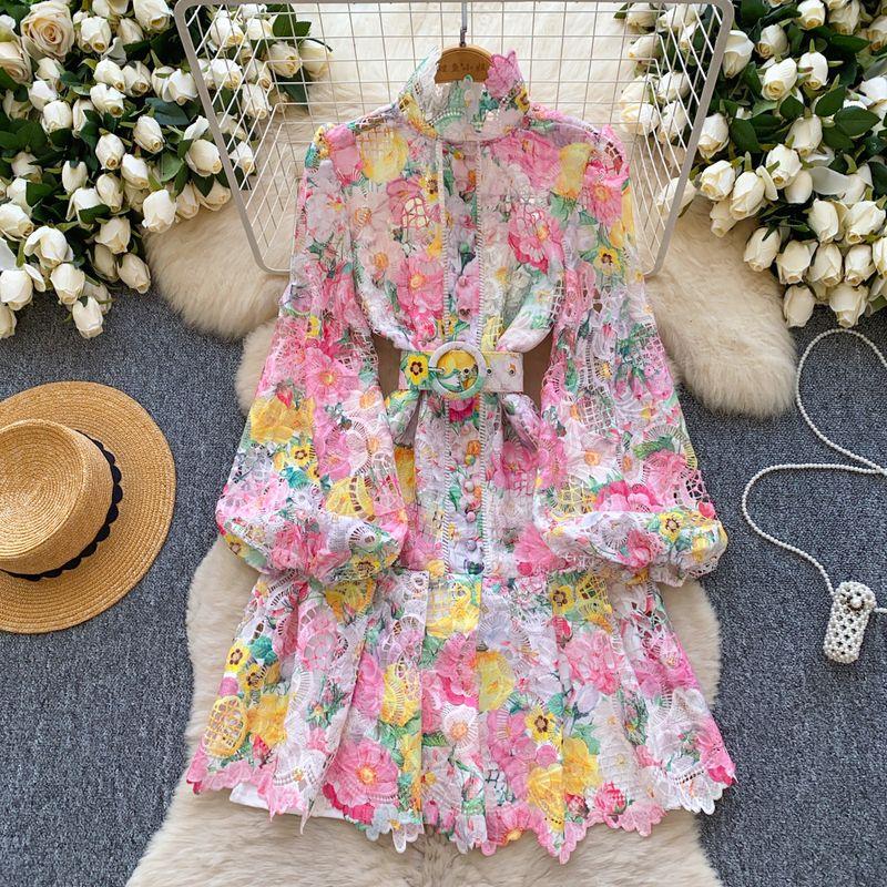 

French style High-Grade Hollow-out Crochet Lace Dress Women Waist Hugging Slimming Turtleneck Lantern Sleeve Frill A- line Skirt Pink S