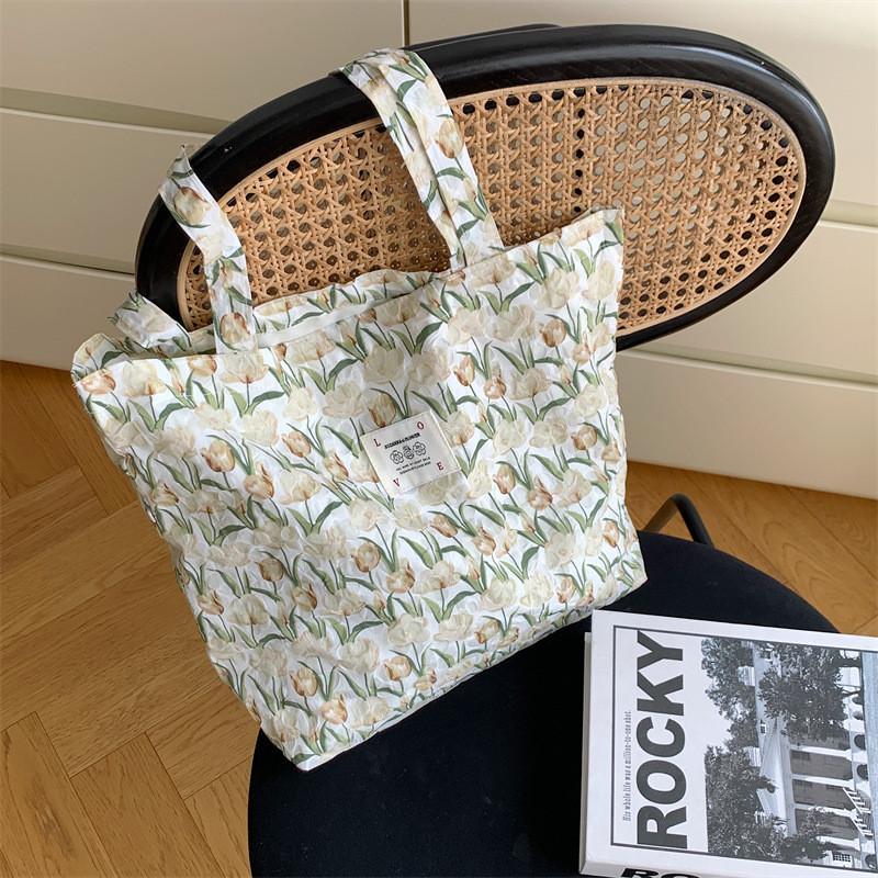 Большая мягкая холщовая сумка-тоут для девочек с узором из пузырчатых тюльпанов в розовом цвете Apricot Tulip