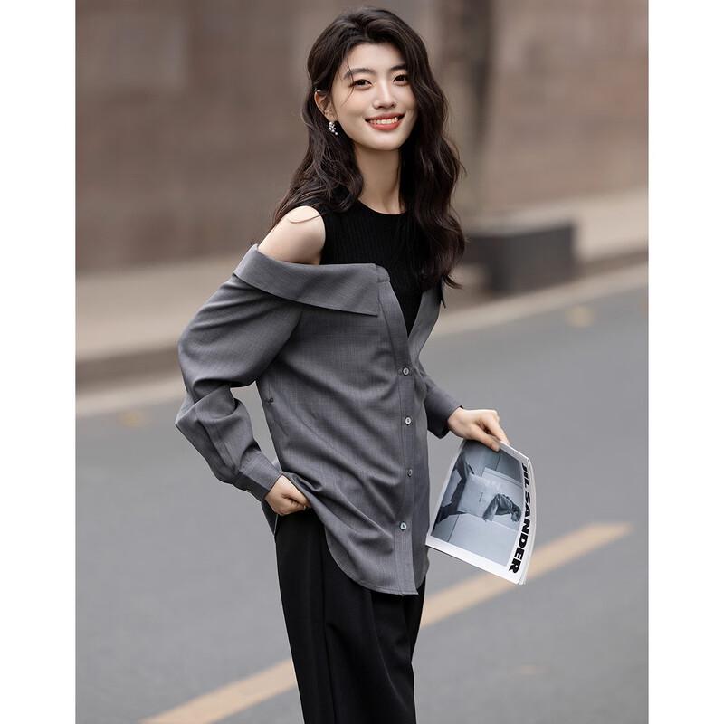 Women's Off-Shoulder Faux Two-Piece Spliced Belted Blouse