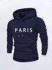 Simple Solid Color PARIS Letter Hooded Sweater, Navy Blue Basic Men's Casual Shoulder Hoodie High Street
