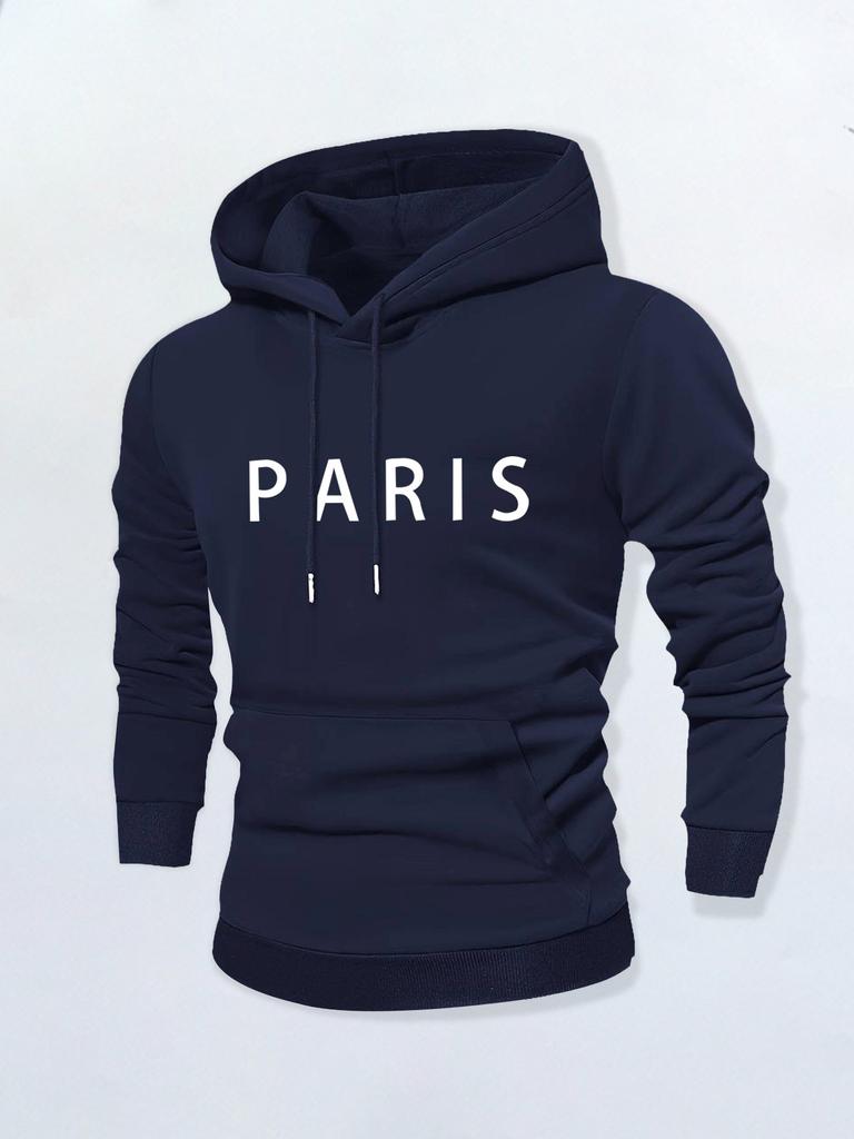 Simple Solid Color PARIS Letter Hooded Sweater, Navy Blue Basic Men's Casual Shoulder Hoodie High Street