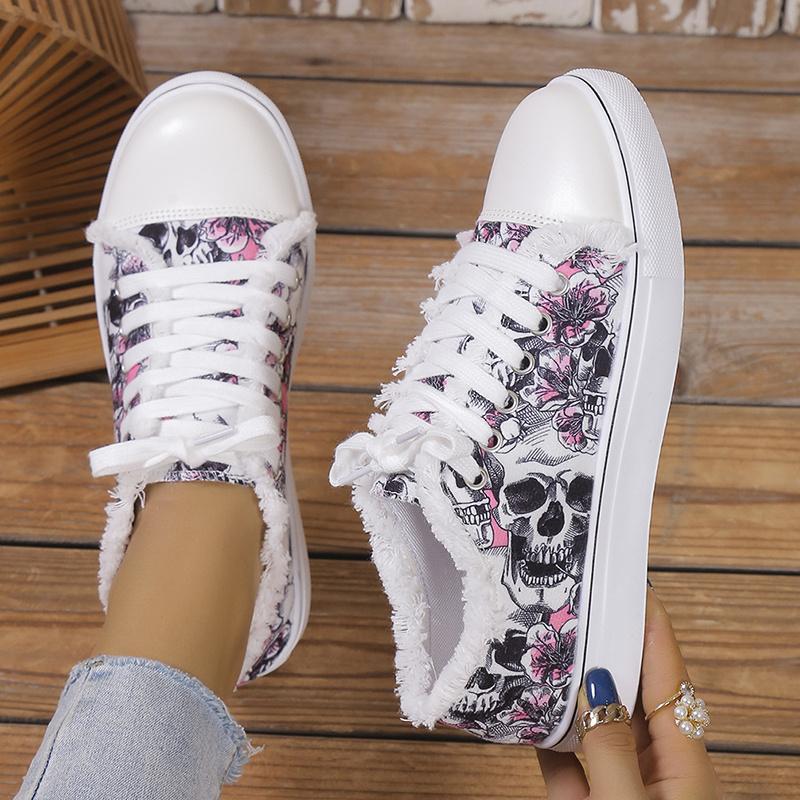 European and American Foreign Trade Large Size Halloween Skull 3D Print Low Top Lace-up Casual Flat Shoes for Women