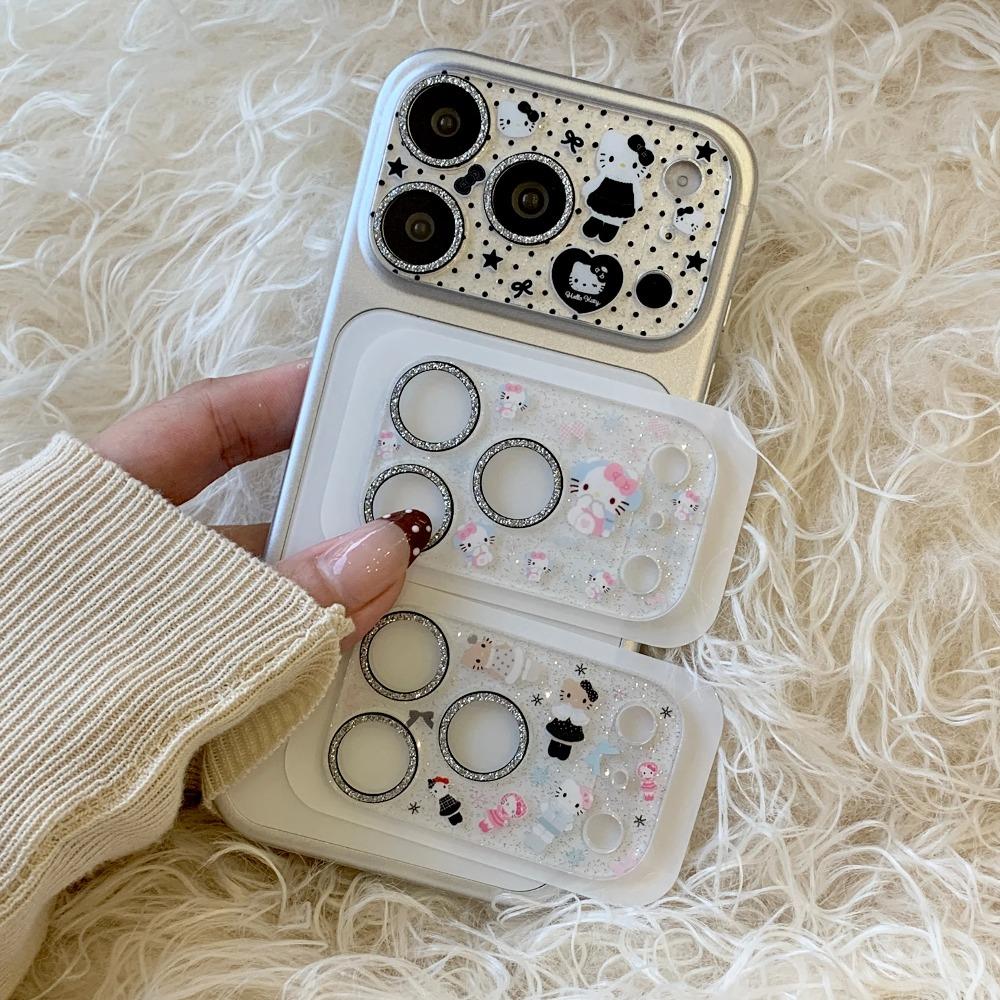 Korean INS Style Cartoon Animation Glitter Bling Camera Protector For IPhone 17 16 15 14 Pro Max Cap Kitty Lens Glass Screen Film Anti-Drop Armor