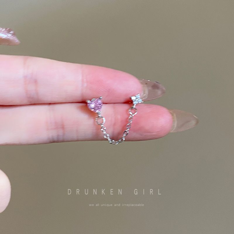 

Titanium Steel One-Piece Tassel Earrings Female Classy Chain Double ear hole Heart ear bone nail single