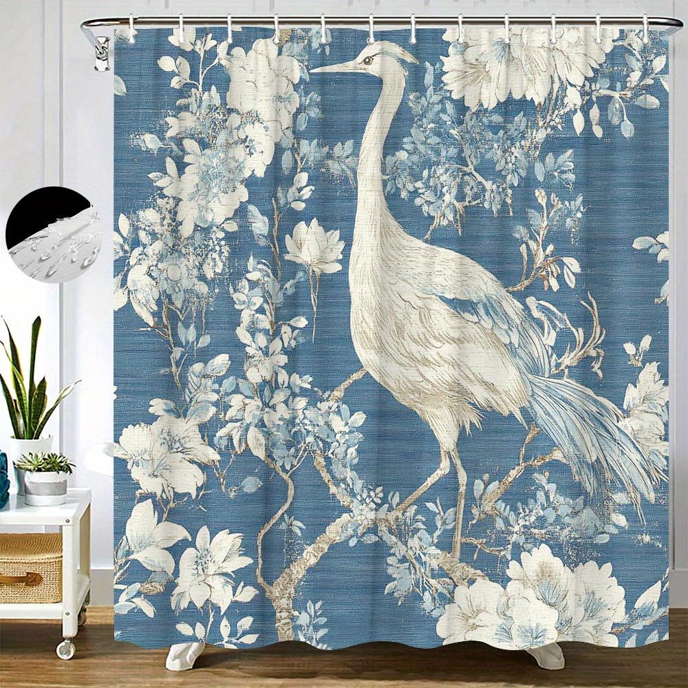 Serene Heron Bath Curtain – Navy Floral, White Bird On Branch, Watercolor Print, Waterproof Poly, 70×70", 12 Hooks
