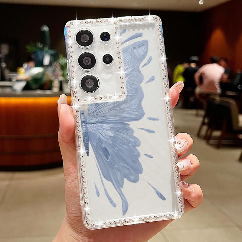Butterfly Pattern Clear Phone Case For Samsung S25 Ultra S24 FE S23 S22 A56 A36 A16 A15 A55 A35 Diamond Frame Shockproof Soft Silicone Cover