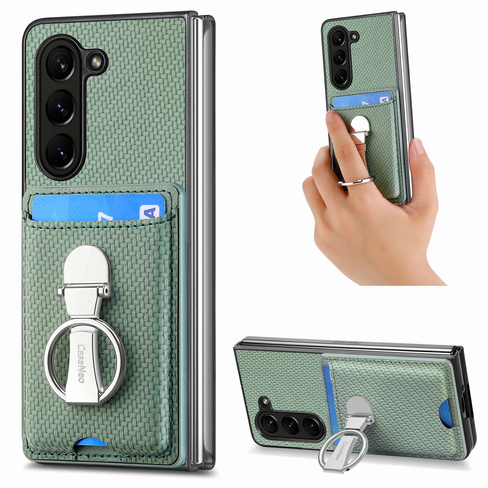 

For Samsung Galaxy Z Fold6 5G Case Card Slot Carbon Fiber Texture Leather+PC Phone Cover Green