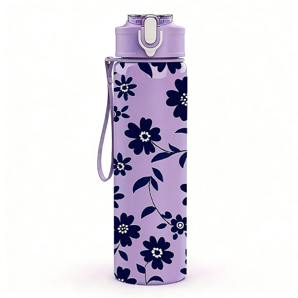 1PC Dark Blue Flower Seamless Pattern Print 750ml Color Plastic Sports Water Bottle Leakproof Flip Straw Lid Suitable for Sports Office Home Use