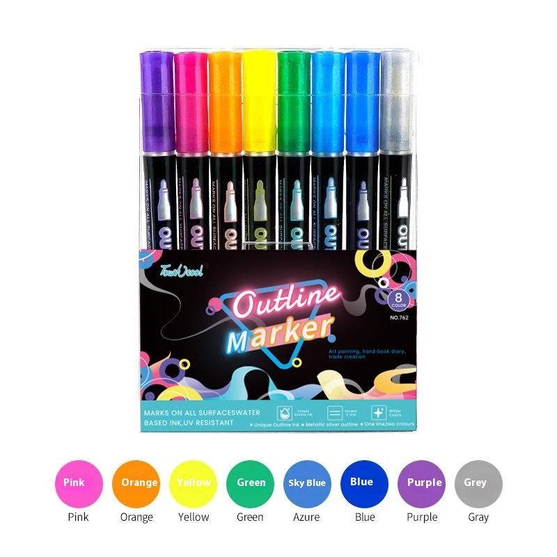 1 Set 8/12 Colors Self-Outline Metallic Markers Glitter Writing Drawing Pens For Christmas Card Writing Double Line Outline Pens
