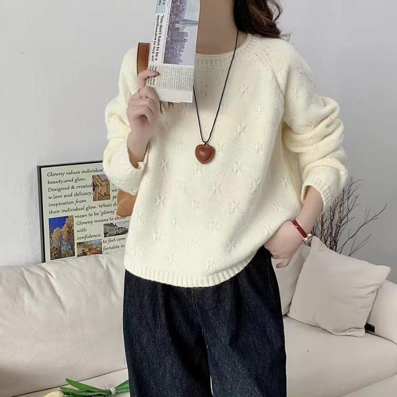 Shoulder sleeves simple small crochet pullover sweater women's crew neck curled edge autumn and winter new loose solid color knitted sweater