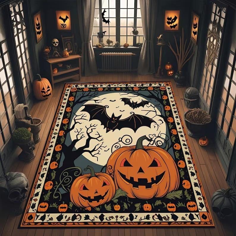 Halloween Pumpkin Head Witch Castle Bat Night Theme Printed Carpet Large Carpet for Living Room, Bedroom Holiday Decoration