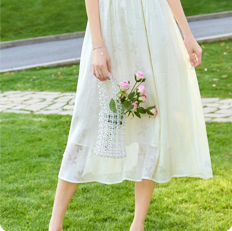 Goddess style French square collar printed waist cinching slimming and high-end pearl chain dress