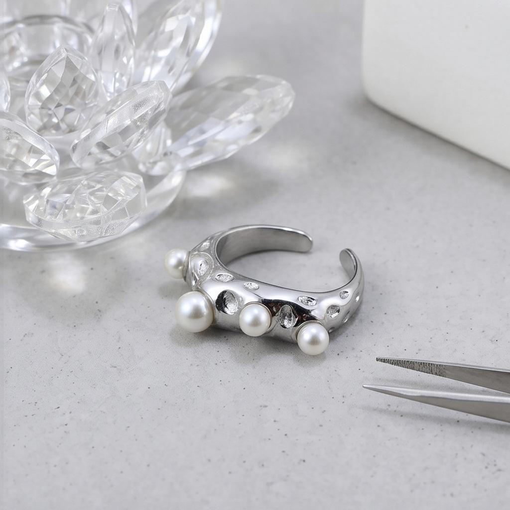 Vintage Pearl Inlaid Stainless Steel Open Ring - Artistic, Versatile, and Irregular-Shaped Jewelry One Size