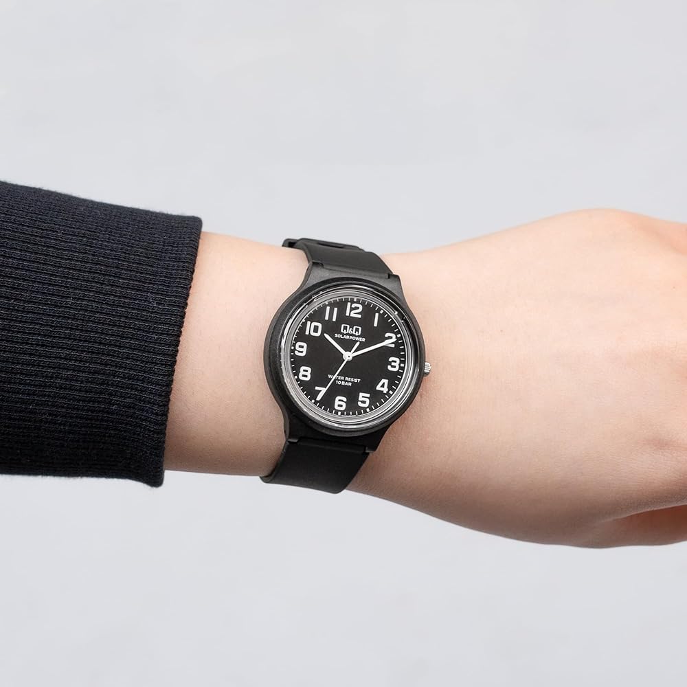 Citizen Q&Q Analog Solar Watch 10 ATM Water Resistant Lightweight Easy Read Dial Black Rubber Strap