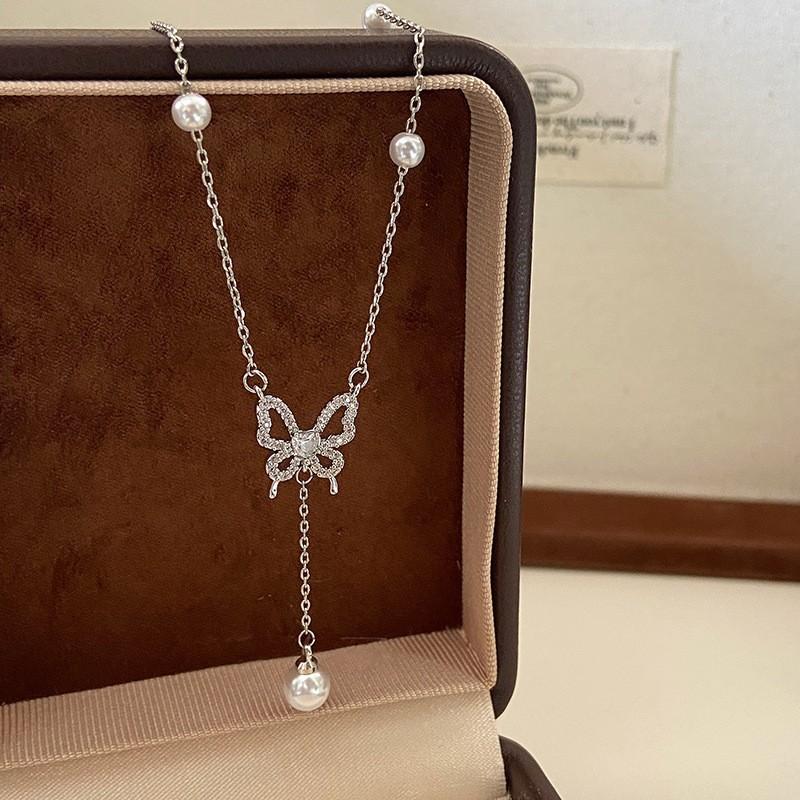 Bead Butterfly Tassel Necklace Light Luxury High Sense Stacking Wear Long Thin Collarbone Chain Necklace