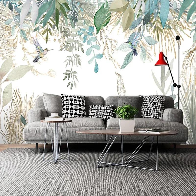 Modern Photo Wallpaper Hand-Painted Tropical Plant Leaves Flowers And Birds Murals Living Room Bedroom Wall Mural