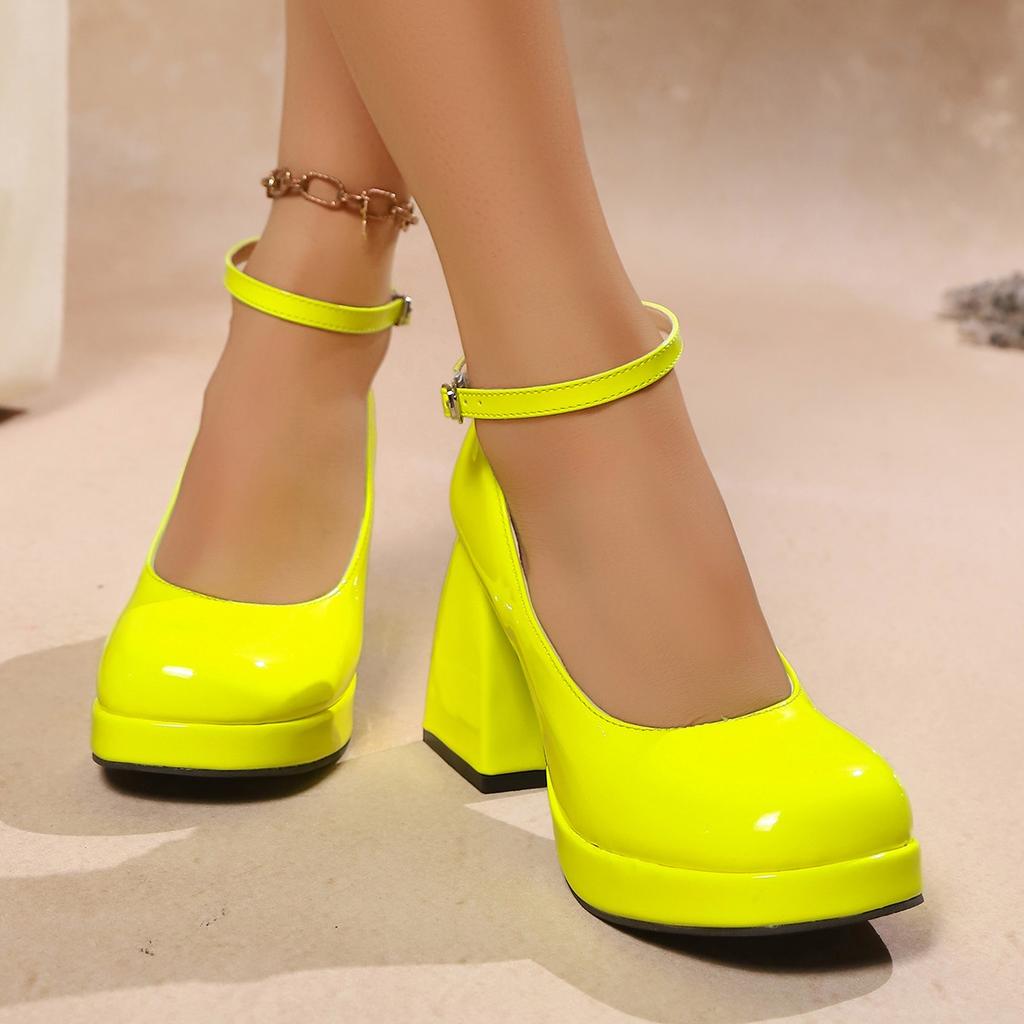 Damenschuhe mit hohen Absätzen Hohe Qualität Lackleder Dicke Sohle Hohe Absätze Klassisch Runde Spitze Mary Jane Schuhe Hochzeits Brautschuhe