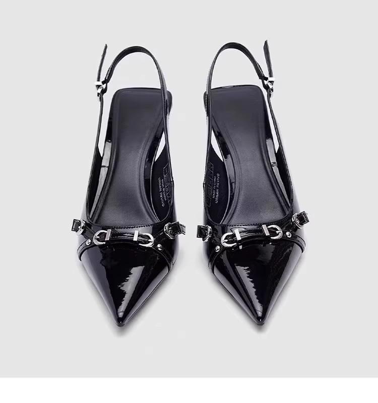 2025 Spring/Autumn Women's Backless Stiletto Sandals with Small Buckle and Pointed Toe, Versatile Curved Patent Leather Heels