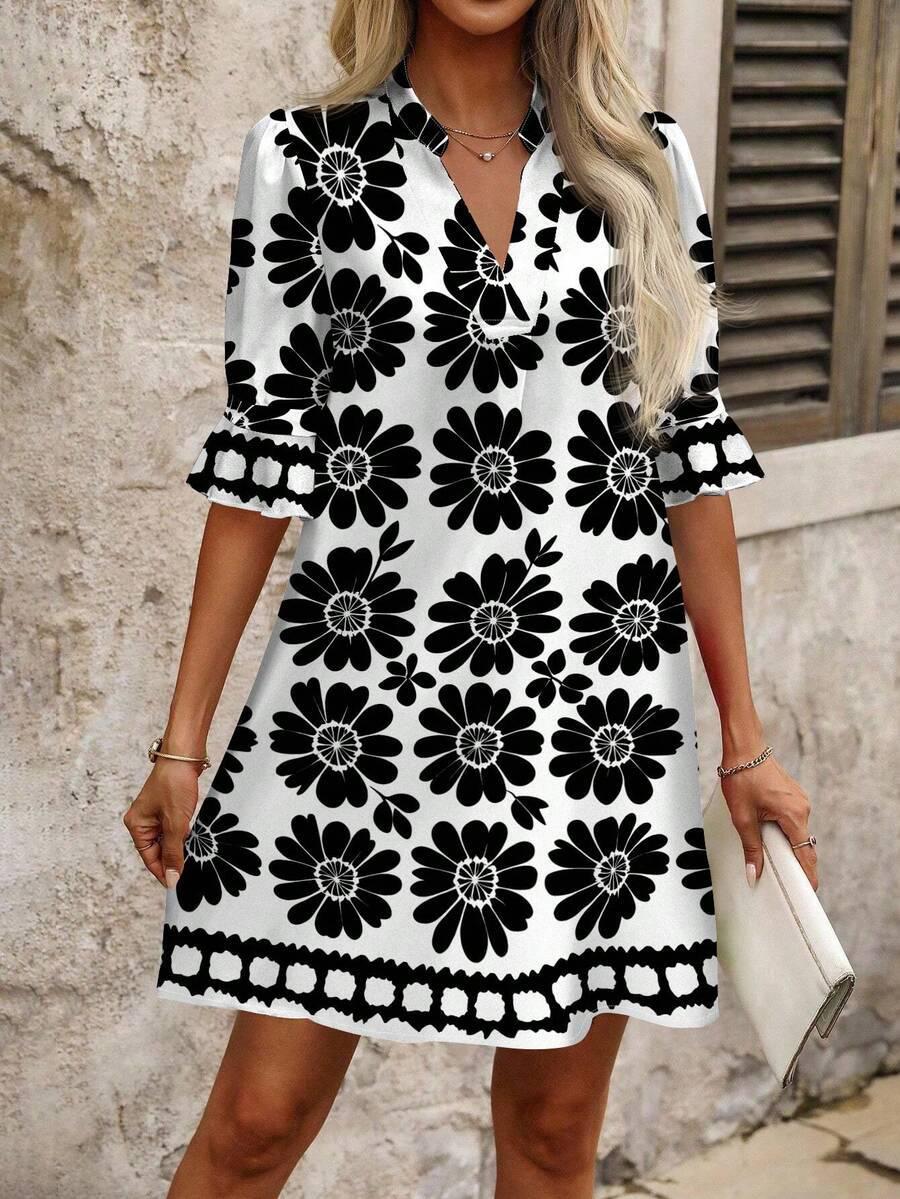 

European & American Women s French Resort V-neck Printed Long Dress, 2026 Collection. XXL чёрный
