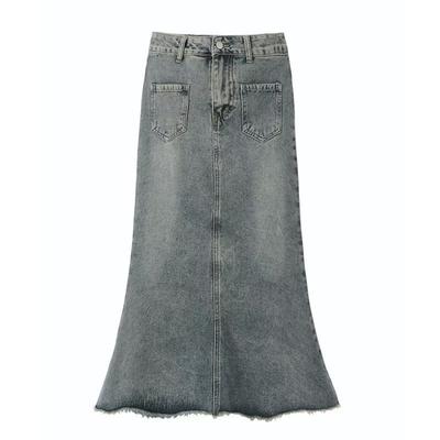 A Large-sized High-waisted Retro Fringed Denim Skirt for Spring, Featuring A New Design Sense Fishtail Skirt and A-line Long Dress