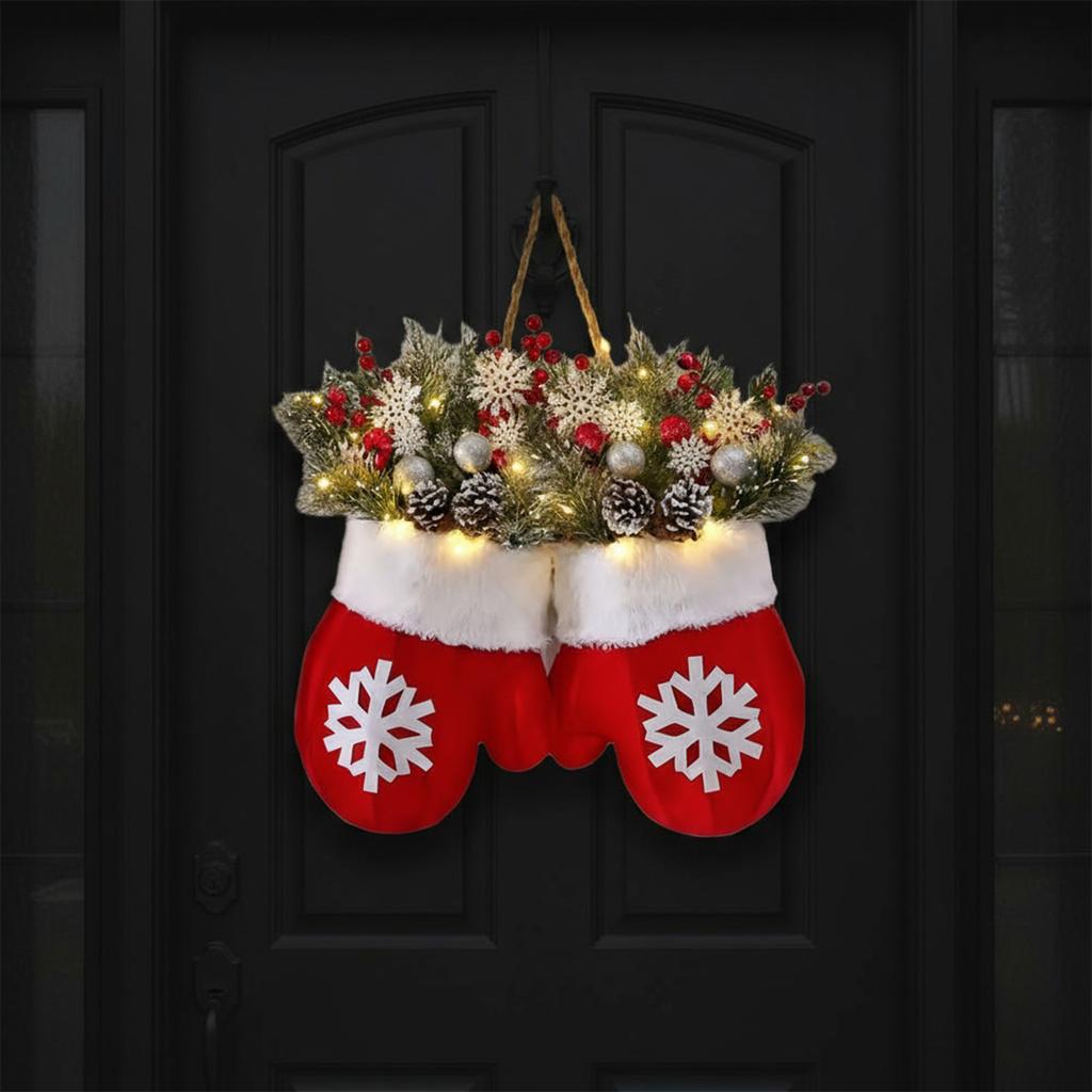 Twinkling Christmas Mitten Wreath Front Door Artificial Garland Holiday Wreath for Wall Window Fireplace Holiday Home Decor