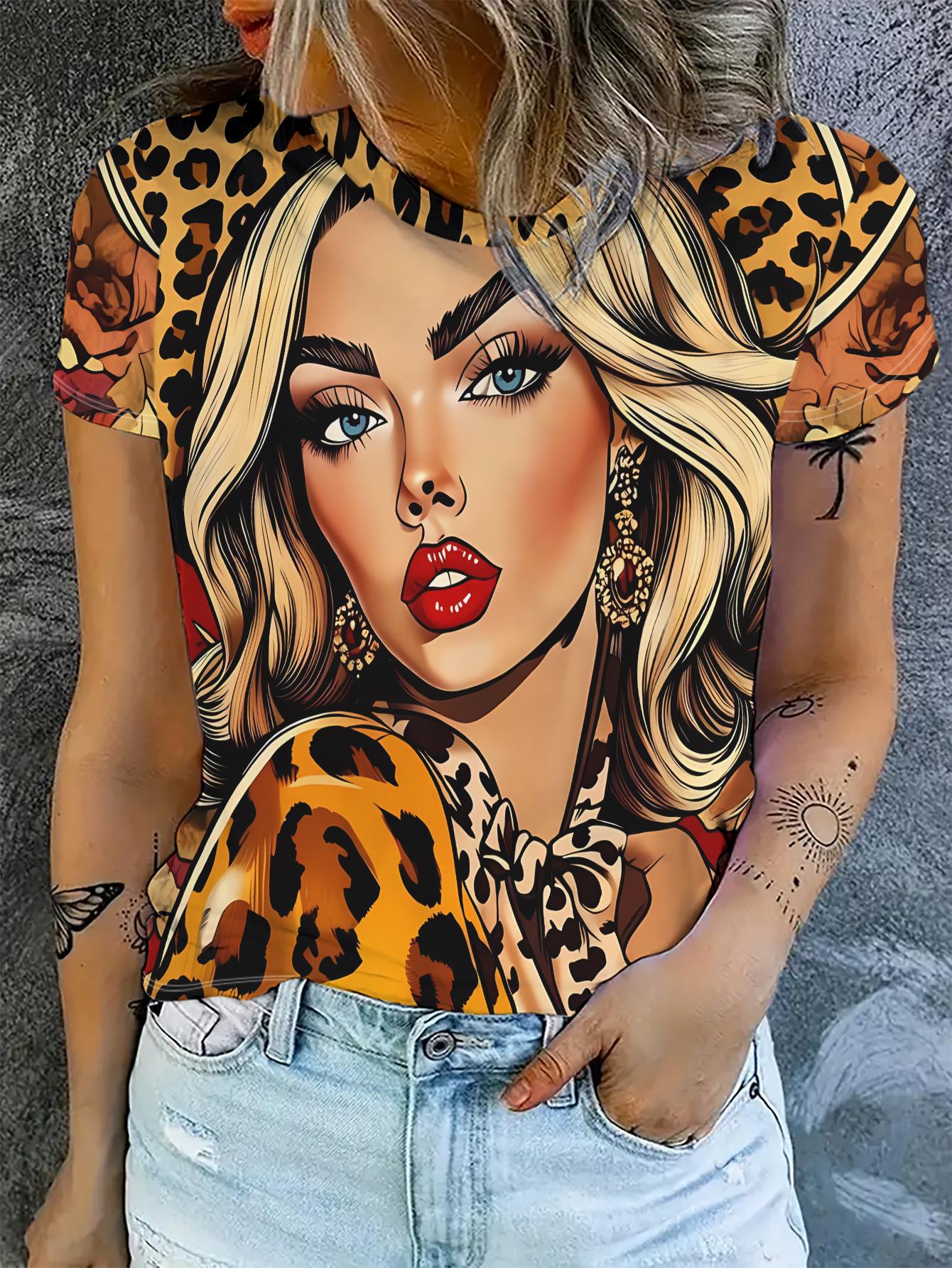 

Women S Short Sleeve T-Shirt. Leopard Print Base with Cartoon-Style Blonde And Red Lips. Fashionable And Eye Catching L