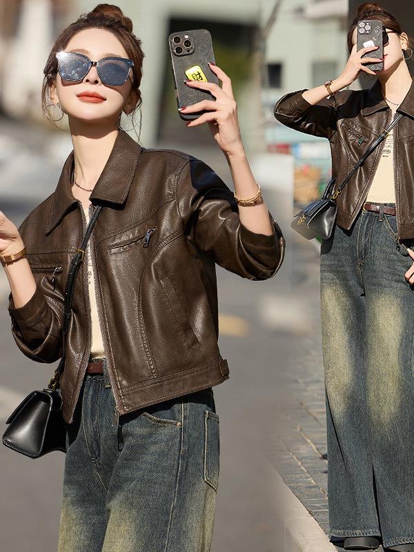 Women's Slim Fit Sheepskin Leather Jacket - Spring/Autumn 2025 Korean Style Petite Short Coat