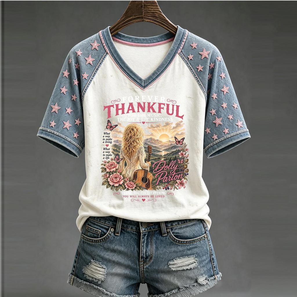 Women's Casual V-Neck Letter Print Short Sleeve Top
