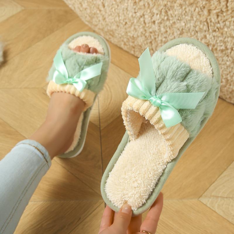 Teplé pantofle s dekorem Bowknot, neformální plyšové boty s otevřenou špičkou, pohodlné domácí pantofle