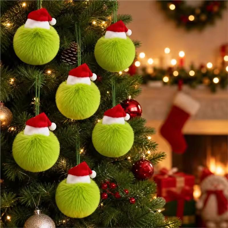 12pcs Green Fluffy Christmas Balls Decor Plush Elf Xmas Tree Hanging Ornaments Lovely Red Christmas Hat Plush Balls DIY Crafts