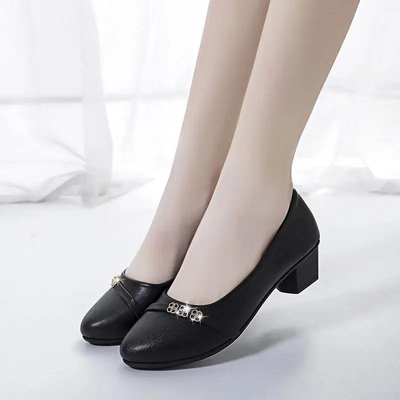 Fashion Office Chunky Heels with Medium Block Heel Women's Shoes Pointed Toe Moccasins Ladies Pumps High Quality Lastest Luxury Brand 39