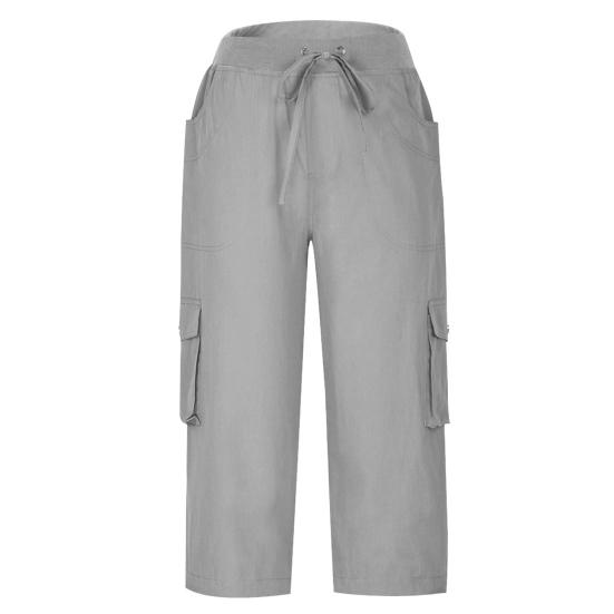 Women Cropped Pants Elastic Waist Adjustable Drawstring Hiking Cargo Pants with Multi