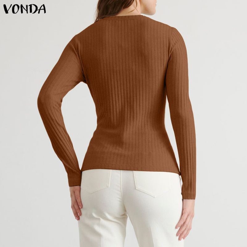 VONDA Women Casual Round Neck Long Sleeve Plain Front Cross Rib Blouse