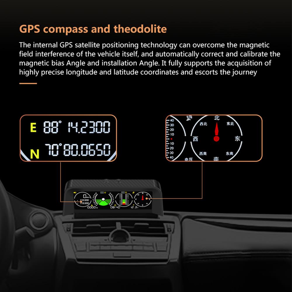 AD X90 GPS Head Up Display Speedometer Overspeed Alarm Slope Meter Inclinometer Car Compass HUD Pitch Angle Protractor Clock