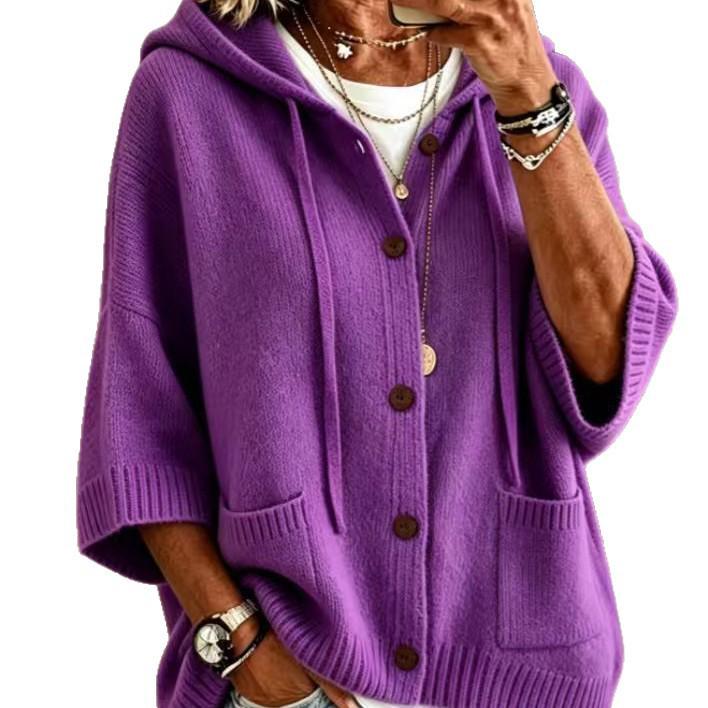 2026 Autumn Winter Women's Solid Color Button Knit Hooded Cardigan - European & American Casual Fashion Outerwear