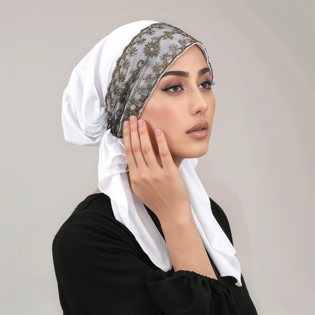 New Solid Lace Hijab Hats Head Wrap Linen Scarf Muslim Turban Bonnet For Women Inner Hat Fashion Female Elegant Elasticity Caps