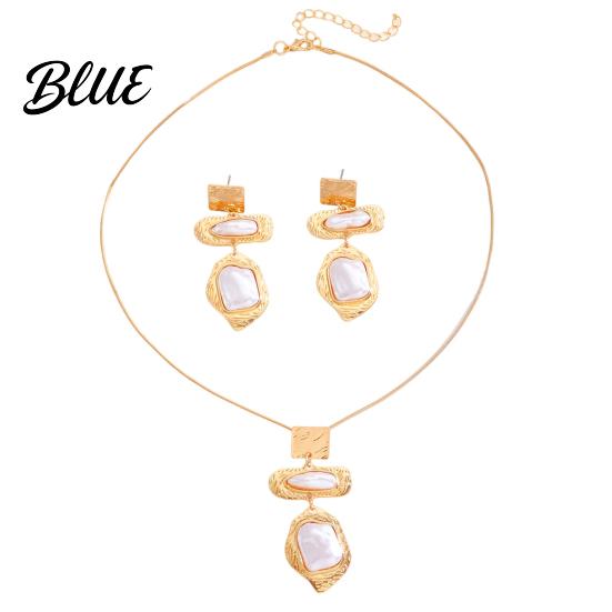 Faux Pearl Earrings Jewelry Set Metallic Texture Double-Layered Necklace