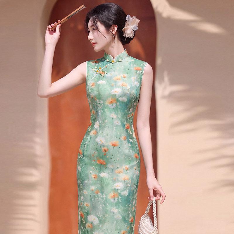 Green sleeveless national style new Chinese Suzhou long cheongsam improved young 1011 new women's high sense summer