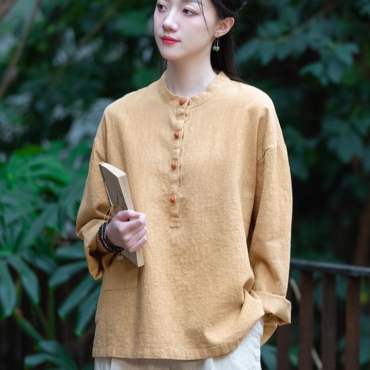 Herbst Baumwolle und Leinen Damen Leinen Stehkragen Farbblock Tellerverschluss Pullover Übergröße Bluse Damen Baumwolle und Leinen Hemd