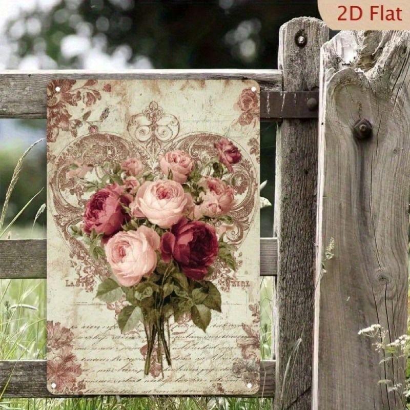 Vintage Pink Heart Flowers Metal Wall Sign Cafe Decor Tin Plaque