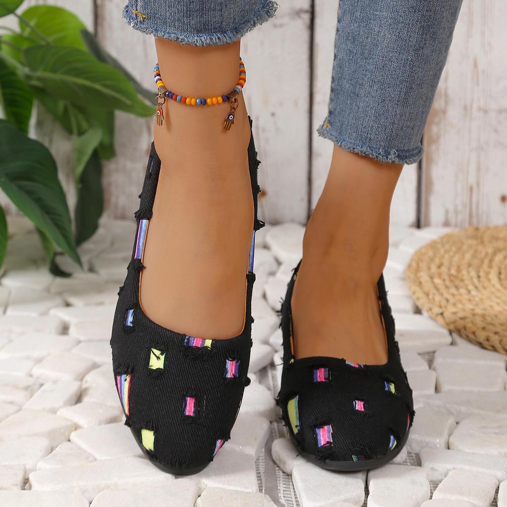 Fashion Flat-bottomed Comfortable Canvas Shoes Women's Spring and Autumn Rainbow Color Matching Decorative Shallow-mouth Low-top Shoes