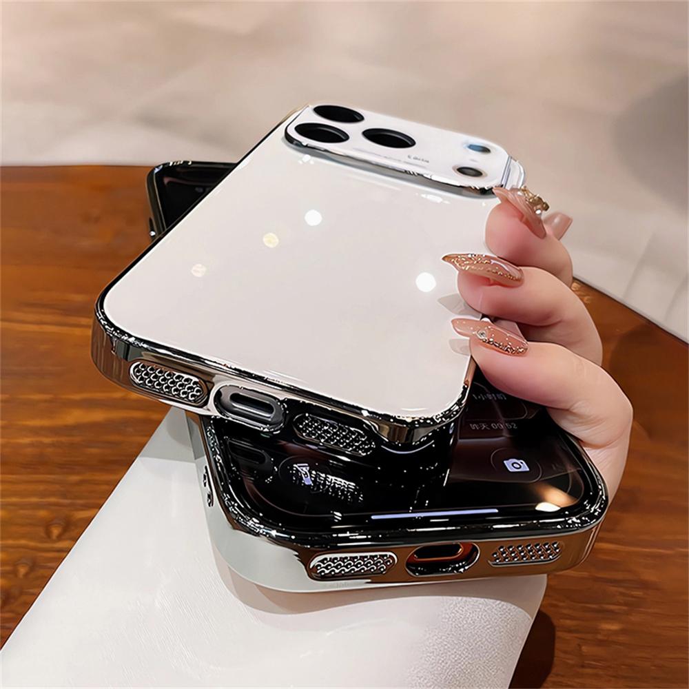 Original Glass Window Case For iPhone 17 16 15 14 13 12 Pro Max Air Shockproof Plating Armor Glossy Lens Protection Cover