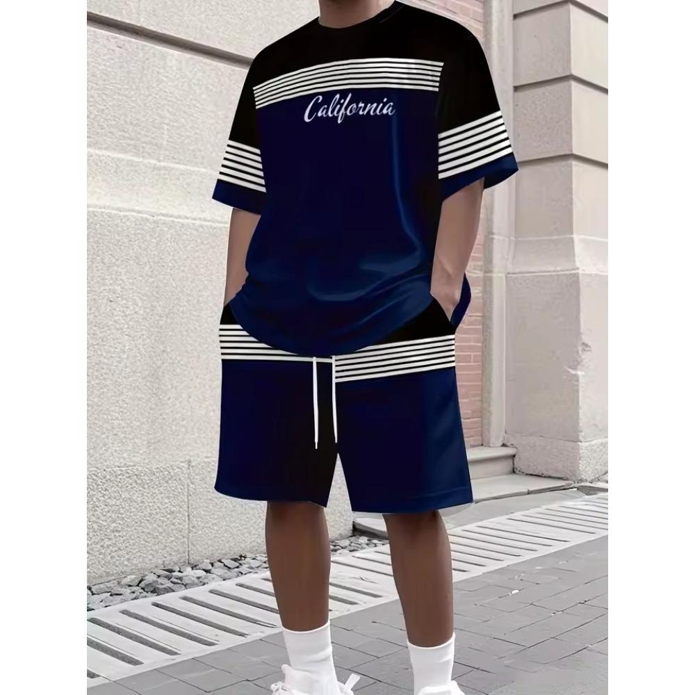 Summer Men's New Comfortable and Breathable Round Neck T-shirt Shorts Letter Gradient Set Outdoor Casual Two-piece Set