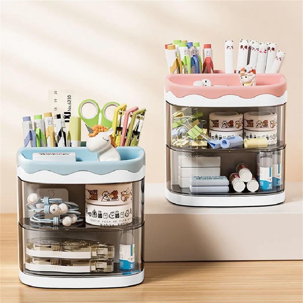 Pen Holder With 2 Transparent Drawers Cute Desk Storage Box Office Stationery Organizer (Pink)