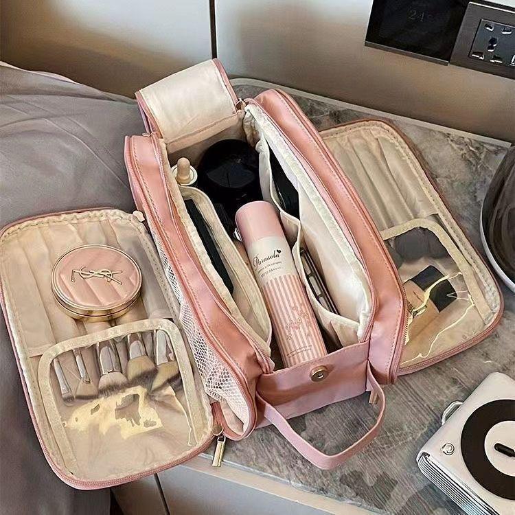 

Large-Capacity Travel Cosmetic Bag, Portable Double-Opening Makeup & Toiletries Storage, Trending Design Double Zipper, Stain-Resistant, Three Compartments